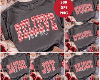 Christmas Gingham Bible Verse PNG Bundle, Christian Holiday Sublimation, Faith Based Shirt Designs