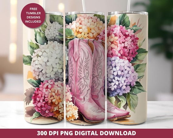 Floral Cowgirl Boots Tumbler Wrap PNG, 20oz Skinny Tumbler (Digital Download)