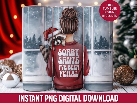 Feral Raccoon Christmas Tumbler 20 oz Wrap, Funny Seamless Design (PNG)