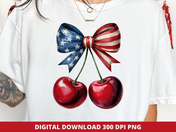 4th of July Cherry Bow Clipart, Patriotic Coquette, Sublimation Design (Digital Download)