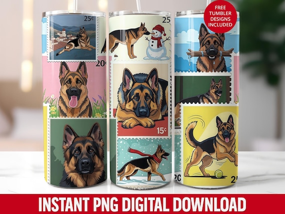German Shepherd Stamp Collage Tumbler Wrap Design (PNG)