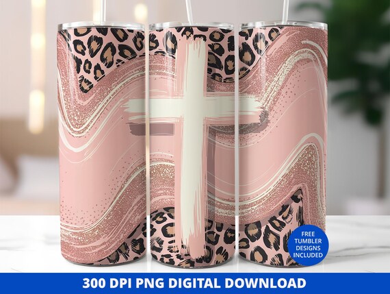 Pink leopard Cross Tumbler Wrap PNG, Christian 20 oz Seamless Skinny Tumbler Sublimation, Boho Faith Digital Download, religious tumbler Png