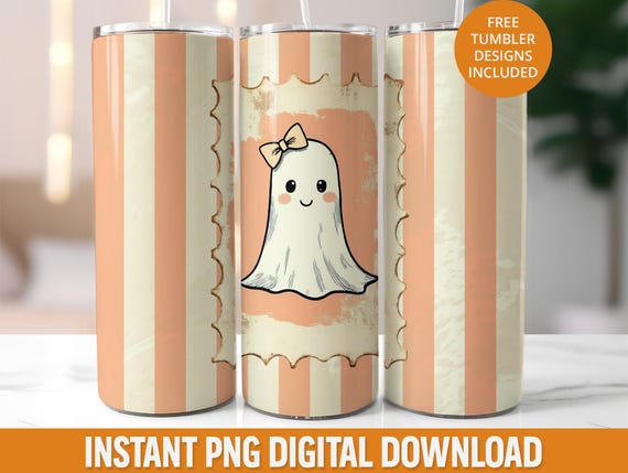 Cute Coquette Ghost Stamp 20oz Tumbler Wrap PNG, Retro Stamp Halloween Tumbler Sublimation Design, Seamless Halloween Tumbler Wrap Design