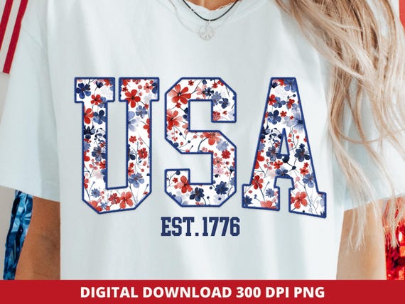 Floral USA PNG, Trendy 4th of July Patriotic Sublimation Design (Digital Download)