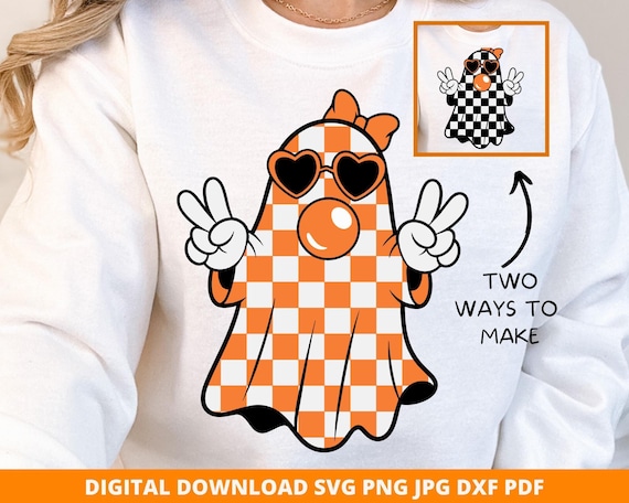 Retro Checkered Halloween Ghost Blowing Bubble SVG, PNG (Digital Download)