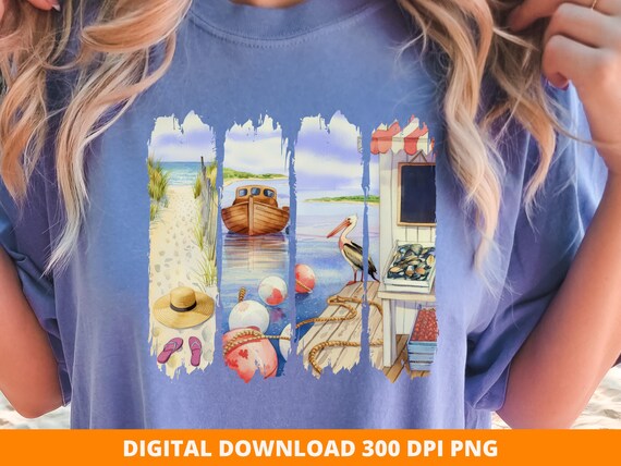 Summer Beach PNG, Coastal Sunset Shirt Graphic, Fishing Brushstroke Sublimation, Trendy Summer Digital Download, Beach Aesthetic Clipart