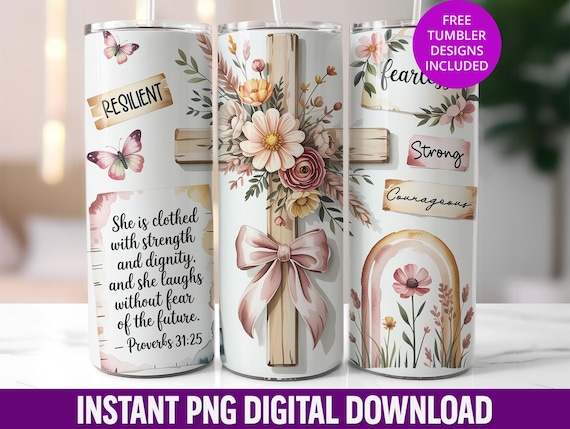 Boho Floral Christian Wrap Design, Proverbs 31:25 20oz Tumbler PNG, Faith Tumbler Wrap PNG, Digital Download