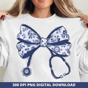 Floral Nurse Coquette Bow Png, Floral Nurse Bow Stethoscope Sublimation, Blue Nurse Bow Png,  Stethoscope Ribbon Png, Nursing Student Png