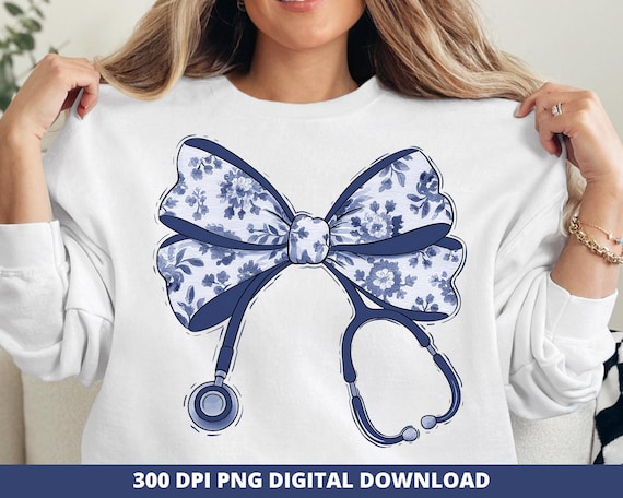 Floral Nurse Coquette Bow Png, Floral Nurse Bow Stethoscope Sublimation, Blue Nurse Bow Png,  Stethoscope Ribbon Png, Nursing Student Png