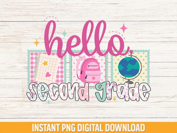 Preppy Hello Second Grade PNG, Back to School Shirt Design (Digital Download)