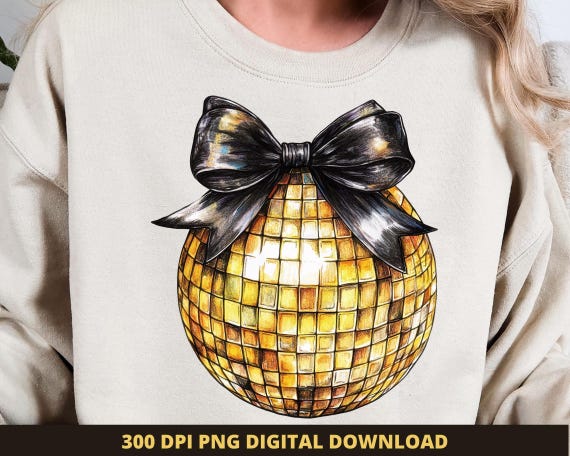 Gold Disco Ball PNG, New Year 2025, Coquette Bow (Digital Download)