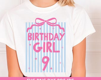 9th Birthday Girl Shirt SVG, Preppy Bow Stripes, Coquette Graphic (Digital Download)