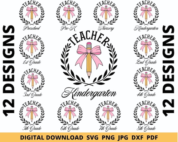 Teacher Back to School Bow Bundle Svg, Retro Kindergarten, First Grade Png, 2nd Grade Back to School Svg, Teacher Png, School Grade Bundle