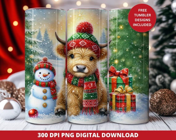 Seamless Christmas Highland Cow Tumbler Wrap,  Christmas Tumbler Wrap Png, Seamless Sublimation Tumbler Design, 20oz Skinny Tumbler Wrap