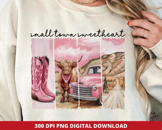 Small Town Valentine Png, Highland Cow Valentine Png, Retro Cowgirl Sublimation Design, Brush Stroke Valentine Sublimation, Digital Download