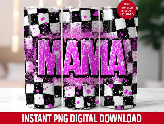 Mama 20oz Tumbler Wrap: Neon Pink Checkerboard Design (Digital Download)