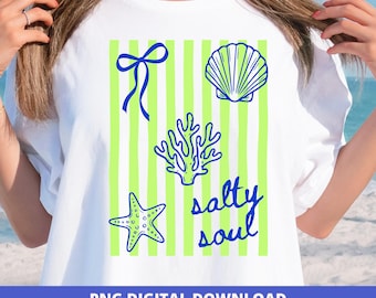 Salty Soul Beach PNG, Coastal Summer Design, Preppy Ocean Stripes Bow Sublimation (Digital Download)