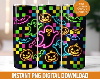 Neon Halloween Ghost Tumbler Wrap, Retro Spooky Season PNG (Digital Download)