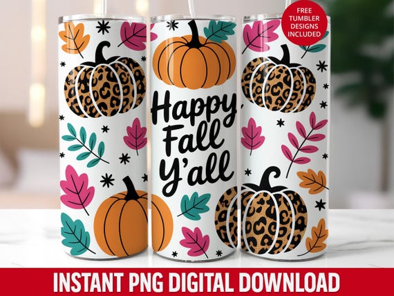 Fall Tumbler Wrap: Pumpkin Leopard Print, Happy Fall Y'all (Digital Download)