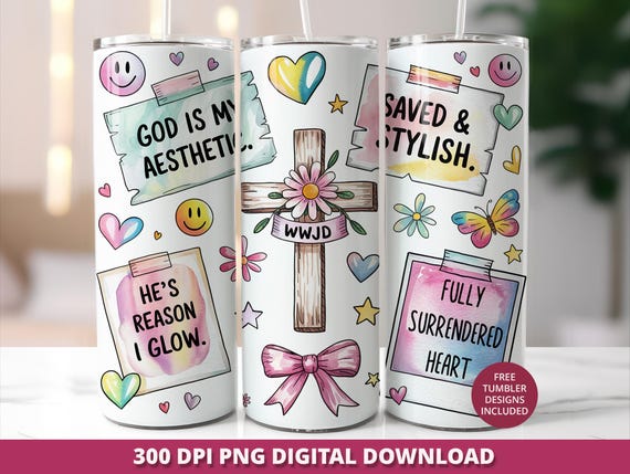 Doodle Cross Tumbler Wrap, Jesus 20oz Sublimation Design, Coquette Christian Faith Girl Tumbler Png, Boho Aesthetic WWJD Digital Download