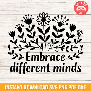 メンタルヘルス啓発SVG PNG、神経多様性SVG、異なる心を受け入れるデジタルデザイン、メンタルヘルスCricutファイル、教師用シャツSVG