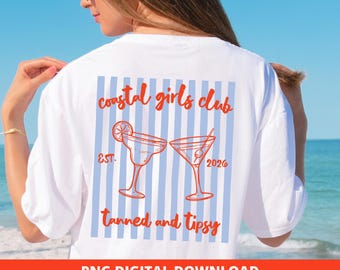 Summer Coastal Girls Club Sublimation Design Blue Stripe Beach Cocktail Shirt Preppy PNG, Sublimation DTF Design