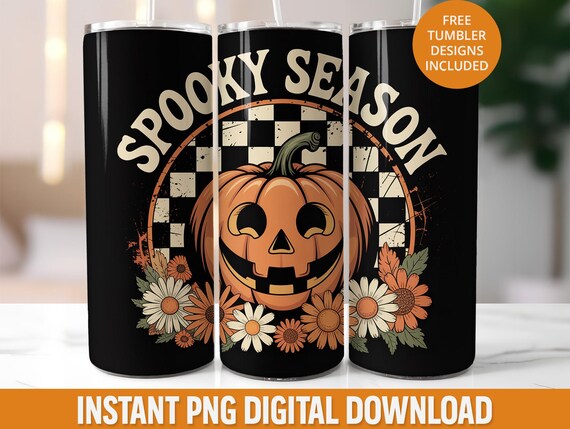 Checkerboard Spooky Season 20oz Tumbler Wrap PNG, Halloween Pumpkin Sublimation Design, Retro Fall Jack O’Lantern Skinny 20oz Tumbler Wrap