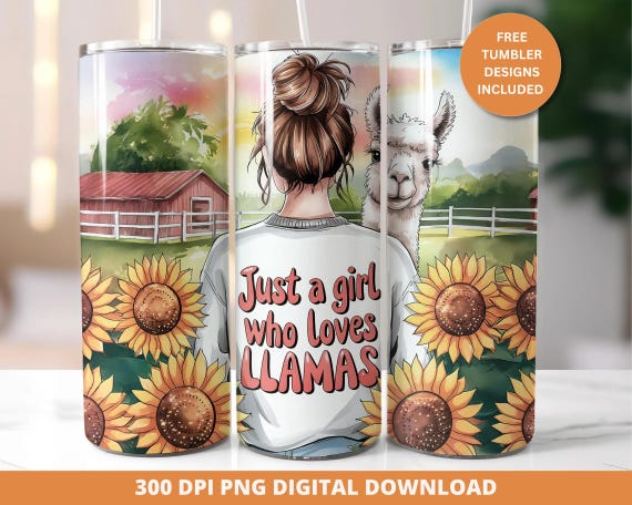 Just A Girl Who Loves Llamas Tumbler Wrap, 20oz Skinny Sublimation Tumbler Design, Farm Sunflower Llama Lover Gift, Tumbler Sublimation Png