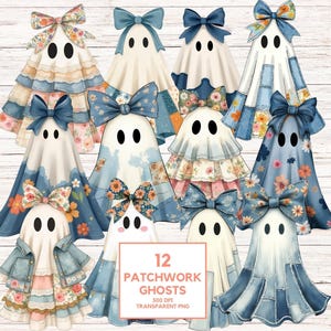Retro Patchwork Ghost PNG Bundle: Vintage Halloween Clipart (Digital Download)