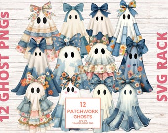 Retro Patchwork Ghost PNG Bundle: Vintage Halloween Clipart (Digital Download)