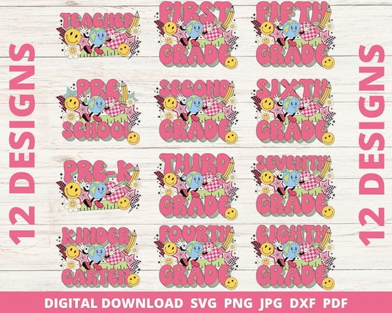 Retro Teacher PNG Bundle, Groovy Back to School Designs (Digital Download)