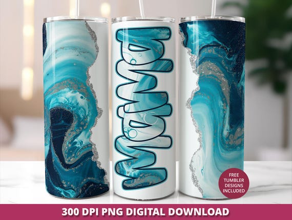 Mama Tumbler Wrap PNG, 20oz Skinny Sublimation Design, Seamless Mother's Day Digital Download, Blue Geode Glitter Tumbler Wrap, Gift for Mom