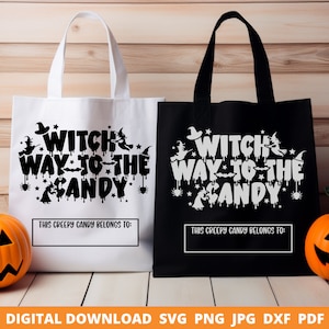 魔女のキャンディへの道 SVG、トリック・オア・トリート バッグ SVG、子供用ハロウィン バッグ、ハロウィン SVG、キャンディ トリート バッグ SVG、カスタム名 SVG、クリカット SVG