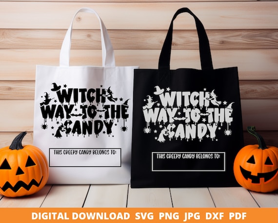 Witch Way to the Candy Svg, Trick Or Treat Bag Svg, Kids Halloween Bag, Halloween Svg, Candy Treat Bags Svg, Custom Name Svg, Cricut Svg