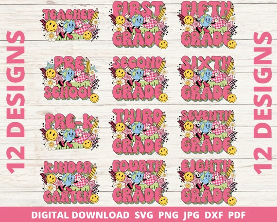 Groovy Back to School Bundle PNG, Retro Teacher Design, Sublimation, Pre School Pre K, First Day of School, Teacher T-Shirt, DTF DTG Ready