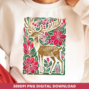 Boho Floral Christmas Deer PNG, Hand Drawn Sublimation DTF Design