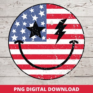 Retro 4th Of July Png, America Lightning Bolt Png, American Flag Smile Face, Vintage Happy Face, Sublimation Png, DTF Png, Usa Design