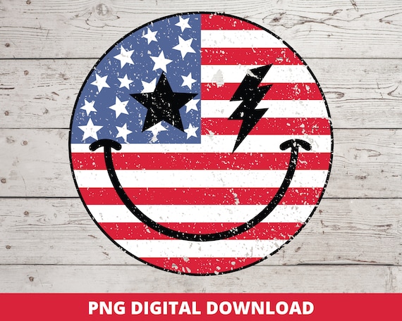 Retro 4th Of July Png, America Lightning Bolt Png, American Flag Smile Face, Vintage Happy Face, Sublimation Png, DTF Png, Usa Design