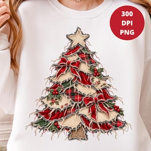 May include: A white sweatshirt featuring a graphic of a Christmas tree made from layered, frayed fabric patches in red velvet, green fabric, plaid, and cream textures, accented with red bows, holly berries, and a star topper. Text reads 300 DPI PNG.