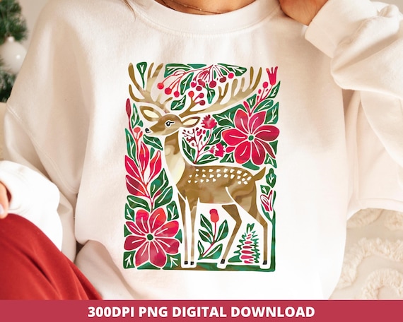 Boho Floral Christmas Deer PNG, Hand Drawn Sublimation (Digital Download)