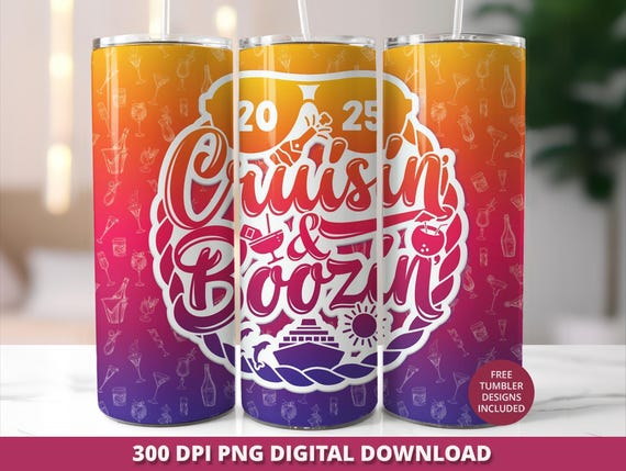 Cruisin' and Boozin' Tumbler Wrap, Tropical Cruise Design (PNG Digital Download)