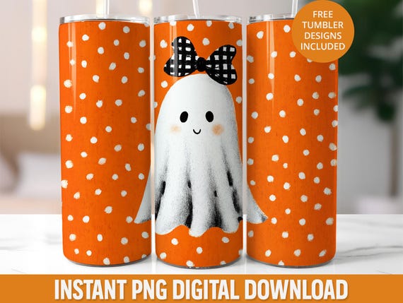 Cute Ghost 20oz Tumbler Wrap Design, Seamless 20 oz Halloween Polka Dot Sublimation Design, Coquette Ghost Seamless 20oz Skinny Tumbler Wrap