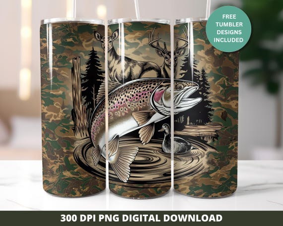Hunting Fishing Tumbler 20oz Wrap, Deer 20oz Tumbler Sublimation, Duck Hunting Camo Skinny Tumbler Png, Man's Seamless 20oz Tumbler Wrap Png