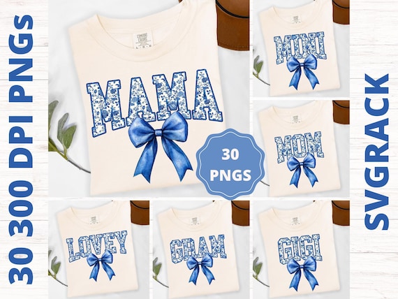 Blue Chinoiserie Mama PNG Bundle, Floral Bow Sublimation