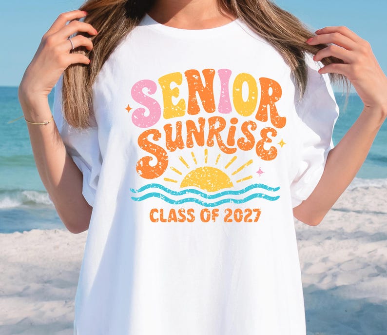 etro groovy senior sunrise 2027 PNG SVG digital download, bubbly pink orange yellow lettering with sun and teal waves, class of 2027 sublimation shirt design instant download