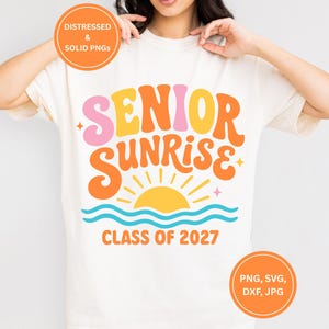 retro groovy senior sunrise 2027 PNG SVG digital download, bubbly pink orange yellow lettering with sun and teal waves, class of 2027 sublimation shirt design instant download