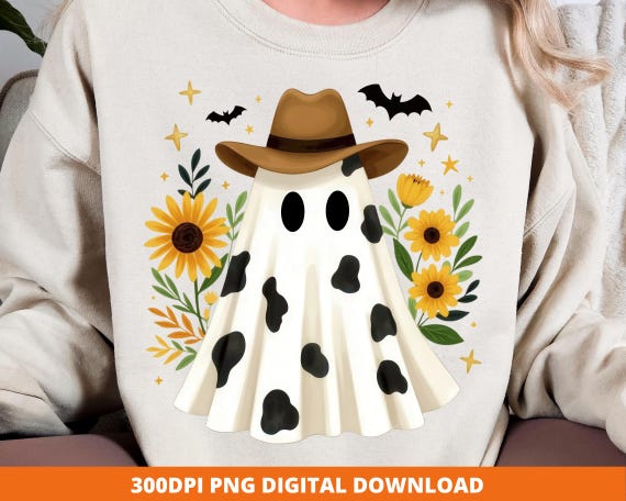 Cowboy Ghost PNG, Cute Halloween Cowgirl Design, Cow Print Ghost, Spooky Western Png, Howdy Ghost Sublimation, Digital Download for Shirt