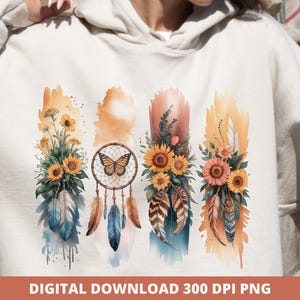 Boho Wildflowers Brushstroke PNG, Feathers & Flowers Sublimation, Dreamcatcher PNG Design, Butterfly Floral T-Shirt Print, Digital Shirt Png