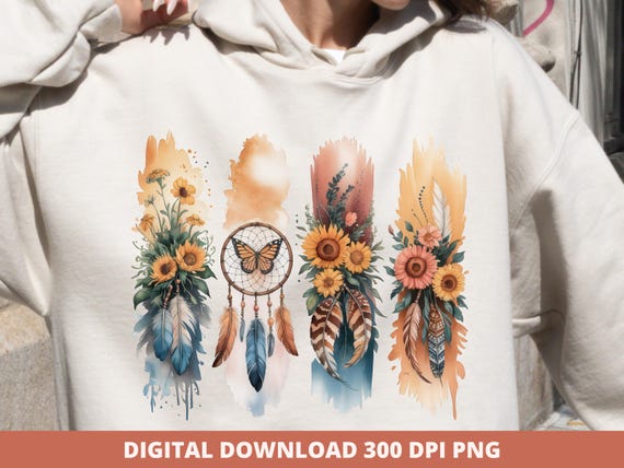 Boho Wildflowers Brushstroke PNG, Feathers & Flowers Sublimation, Dreamcatcher PNG Design, Butterfly Floral T-Shirt Print, Digital Shirt Png