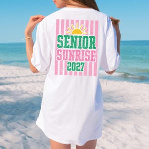 enior sunrise 2027 design shown printed on white t-shirt, sublimation shirt mockup for class of 2027 senior year tradition